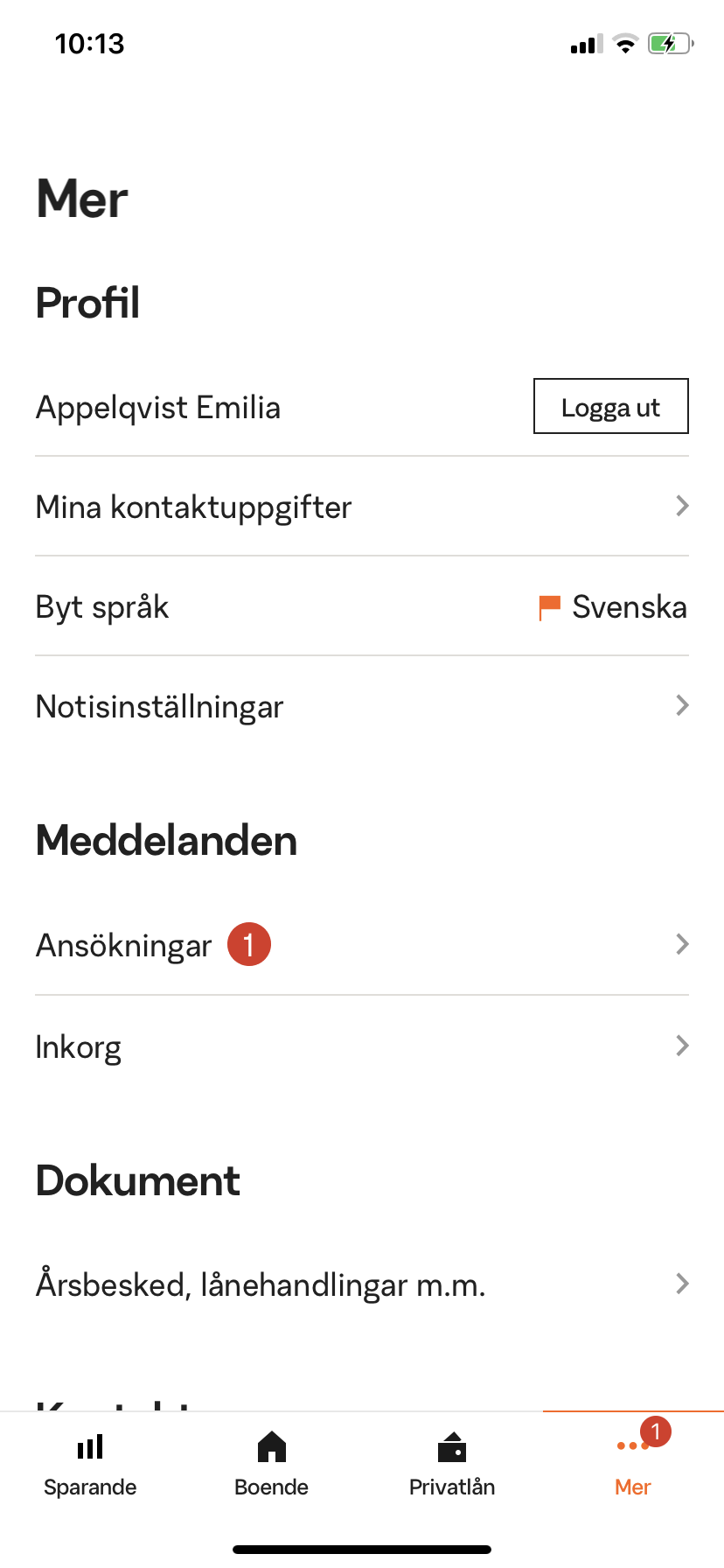 Exempelbild på fliken mer i appen